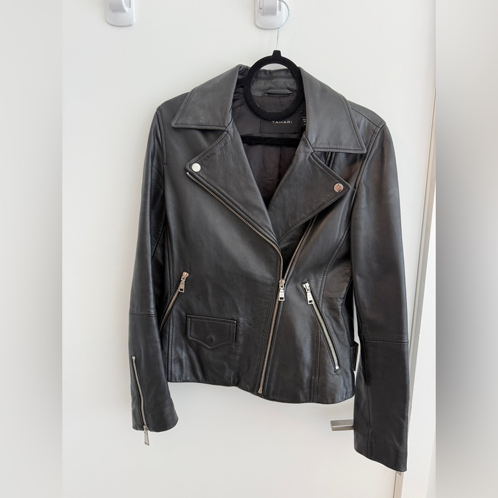 Tahari Black Leather Biker Jacket XS
